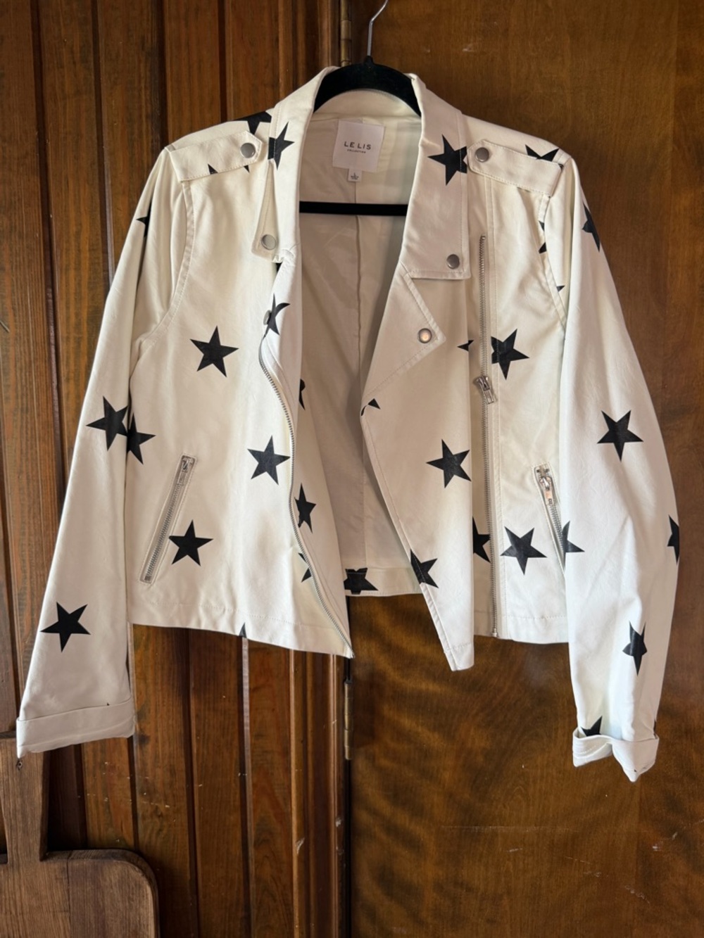 Le Lis White Leather Jacket with Black Star Print